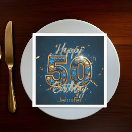 Elegante Chic Gold en Blauwe Edelsteen 50e verjaar Servet