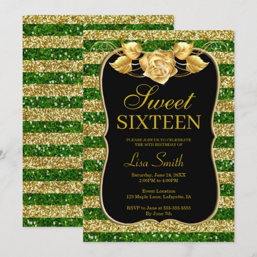 Elegante Chic Gold Green Glitter Roos Sweet 16 Kaart (Voorkant / Achterkant)