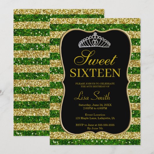 Elegante Chic Gold Green Glitter Tiara Sweet 16 Kaart (Voorkant / Achterkant)