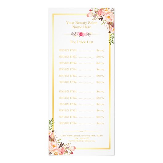 Elegante Chic Gold Lijst Bloemen prijslijst Menu (Voorkant)