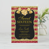 Elegante Chic Gold Red Glitter Roos Sweet 16 Kaart (Staand voorkant)