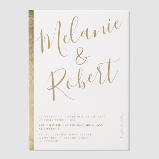 Elegante Chic Gold Stripe Script Wedding Vellum Uitnodigingen (Voorkant)