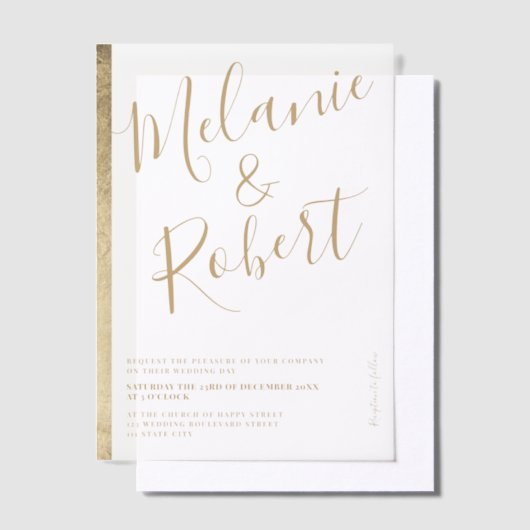 Elegante Chic Gold Stripe Script Wedding Vellum Uitnodigingen (Offset)