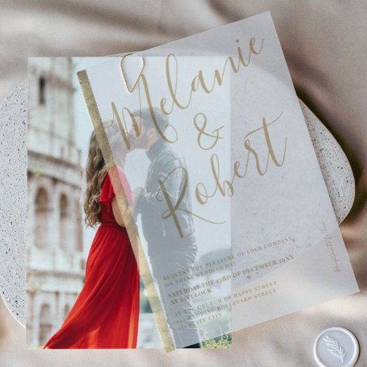 Elegante Chic Gold Stripe Script Wedding Vellum Uitnodigingen