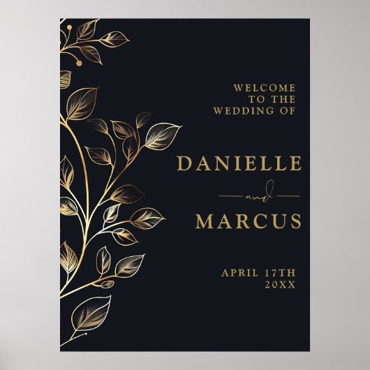 Elegante Chic Golden Floral bruiloft welkom teken Poster (Voorkant)