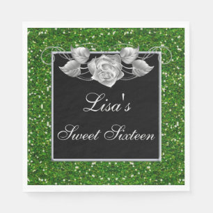 Elegante Chic Green Glitter Zilver Roos Sweet 16 Servet