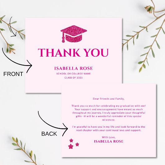 Elegante Chic Klasse van 2025 Heet roze Afstuderen Bedankkaart