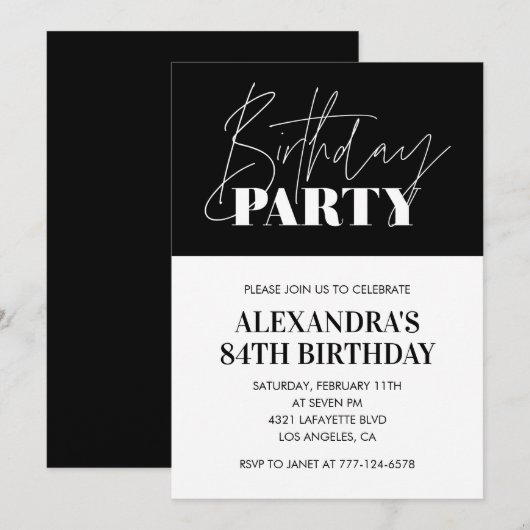 Elegante Chic Lettering Zwart Wit 84e verjaardag Kaart (Voorkant / Achterkant)