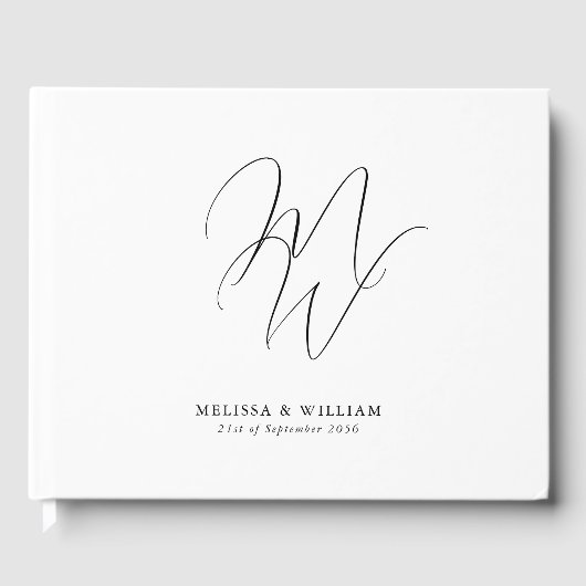 Elegante Chic Monogram Moderne Witte Huwelijk Gastenboek (Voorkant)