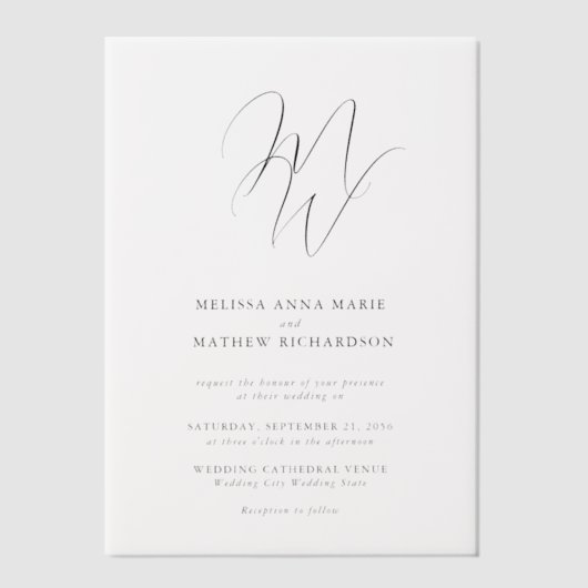 Elegante Chic Monogram Overlay bruiloft Vellum Uitnodigingen (Voorkant)