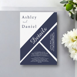 Elegante Chic Navy Blauw Wit Classy Modern Huwelij Informatiekaartje