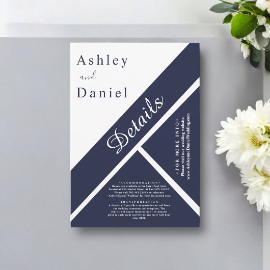 Elegante Chic Navy Blauw Wit Classy Modern Huwelij Informatiekaartje