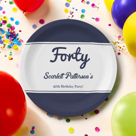 Elegante Chic Navy Blauw Wit Modern 40e verjaardag Papieren Bordje