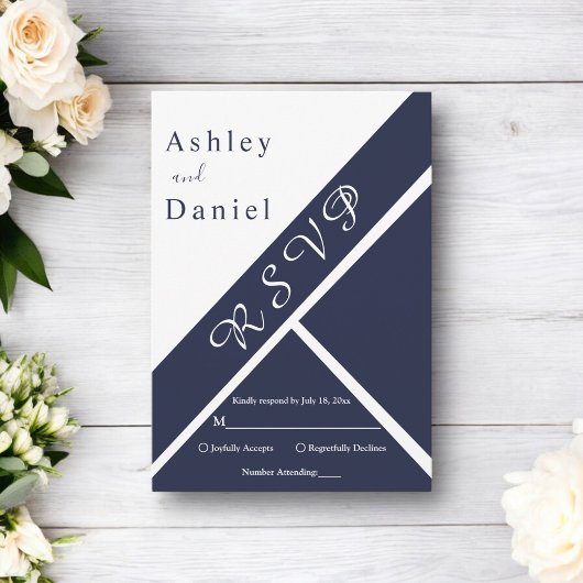 Elegante Chic Navy Blauw Wit Modern Fancy Huwelijk RSVP Kaartje
