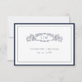 Elegante & Chic Navy Blue Crest Monogram bruiloft RSVP Kaartje (Voorkant)