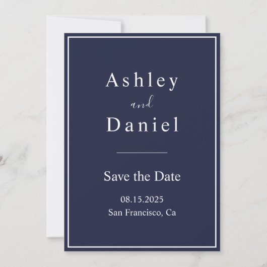 Elegante Chic Navy Blue White formele bruiloft Save The Date (Voorkant)