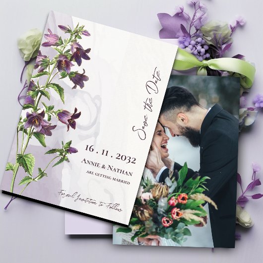 Elegante Chic Paarse Bloemen Fotoscript Trouwen Save The Date