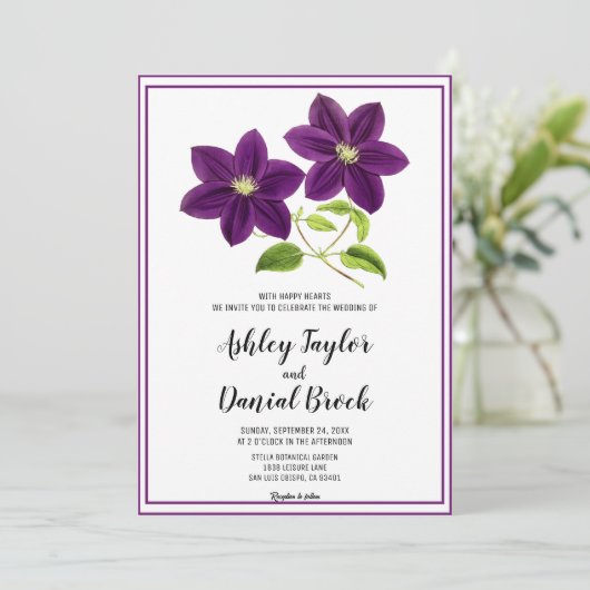 Elegante Chic Paarse Bloemen Rustieke Bloemen Huwe Kaart (Staand voorkant)