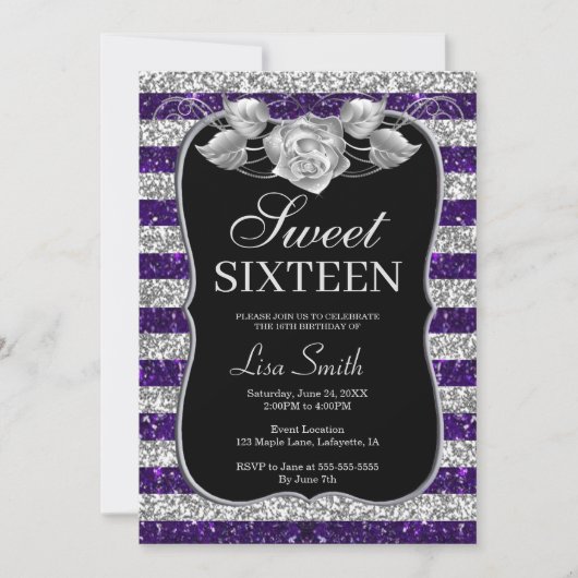 Elegante Chic Paarse Silver Glitter Roos Sweet 16 Kaart (Voorkant)