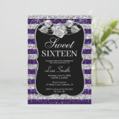 Elegante Chic Paarse Silver Glitter Roos Sweet 16 Kaart (Staand voorkant)
