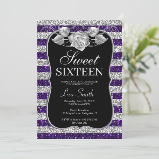 Elegante Chic Paarse Silver Glitter Roos Sweet 16 Kaart (Staand voorkant)