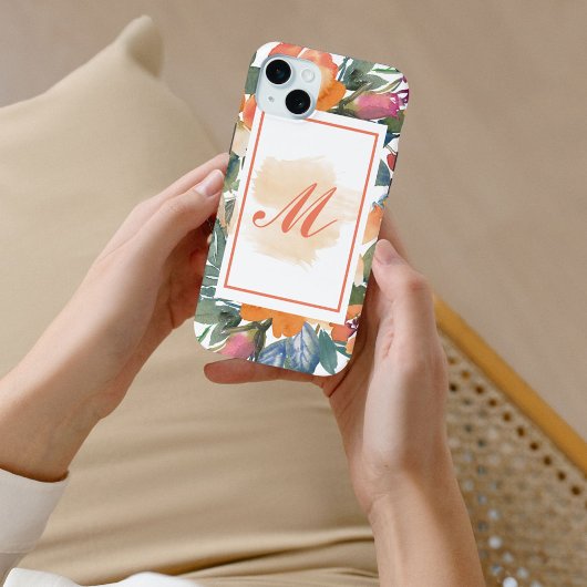 Elegante Chic Peach Waterverf Bloemen Monogram M Case-Mate iPhone Case