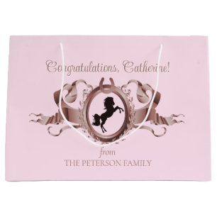 Elegante Chic Pink Equestrian Ribbon Crest Naam Groot Cadeauzakje