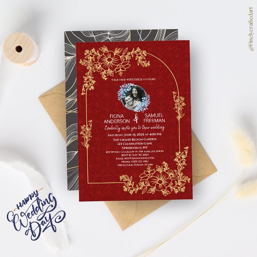 Elegante Chic Red Gold Custom Photo Wedding Kaart