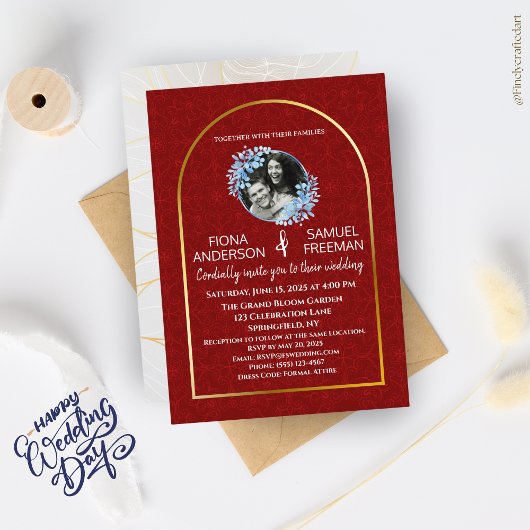 Elegante Chic Red Gold Custom Photo Wedding Kaart