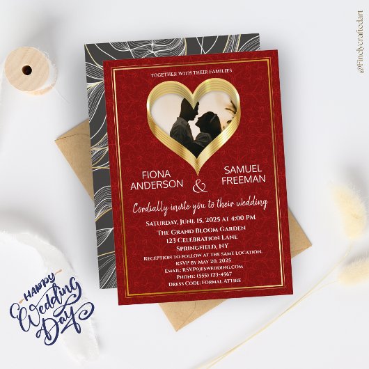 Elegante Chic Red Gold Custom Photo Wedding Kaart