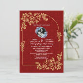 Elegante Chic Red Gold Custom Photo Wedding Kaart (Staand voorkant)