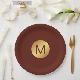 Elegante Chic Red & Gold Monogram Initiaal Papieren Bordje