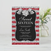Elegante Chic Red Silver Glitter Roos Sweet 16 Kaart (Staand voorkant)