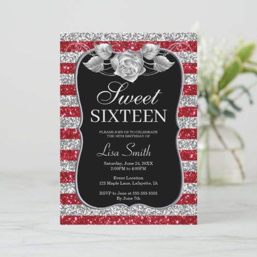 Elegante Chic Red Silver Glitter Roos Sweet 16 Kaart (Staand voorkant)