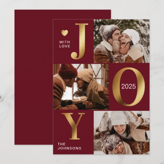 Elegante Chic Rood Goud Fotocollage Joy Christmas Feestdagenkaart (Voorkant / Achterkant)