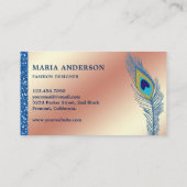 Elegante Chic Roos Gold Folie Blauw Indische Pauw Visitekaartje (Achterkant)