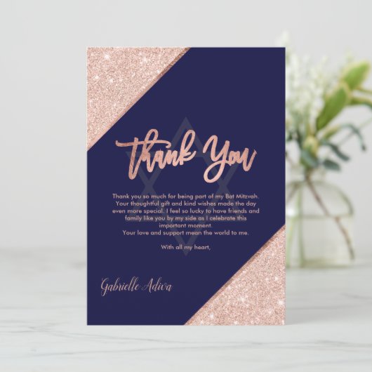 Elegante Chic Roos Gold Navy Blue Bat Mitswa Bedankkaart (Staand voorkant)