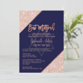 Elegante Chic Roos Gold Navy Blue Bat Mitswa Kaart (Staand voorkant)