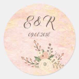 Elegante Chic Roze Marmer Bloem Bruiloft Ronde Sticker
