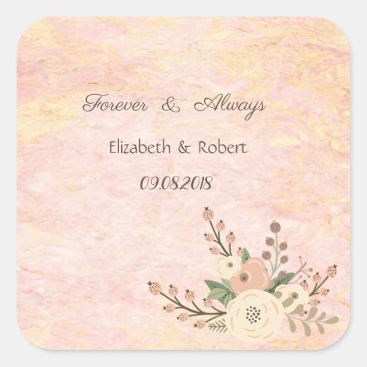Elegante Chic Roze Marmer Bloem Bruiloft Vierkante Sticker (Voorkant)