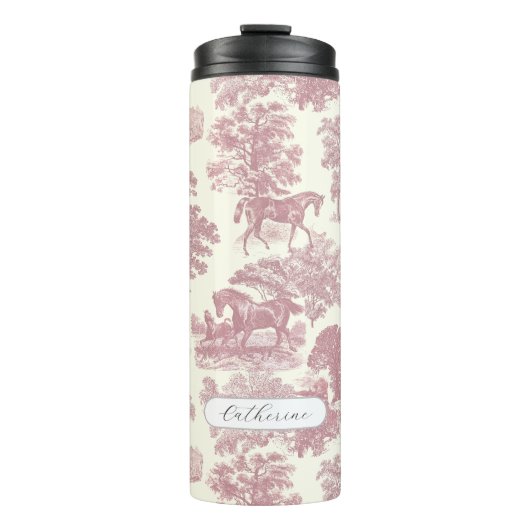 Elegante Chic Roze Paarden Toile met Naam Thermosbeker (Voorkant)