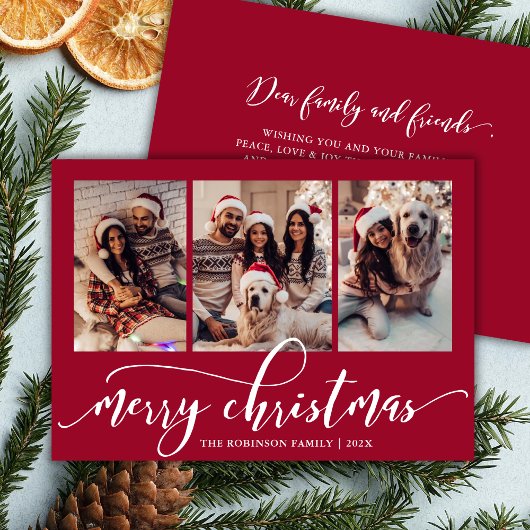 Elegante Chic Script 3 Foto Collage Rode Kerst Feestdagenkaart
