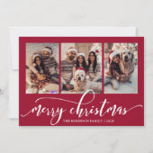 Elegante Chic Script 3 Foto Collage Rode Kerst Feestdagenkaart (Voorkant)
