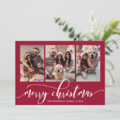 Elegante Chic Script 3 Foto Collage Rode Kerst Feestdagenkaart (Staand voorkant)