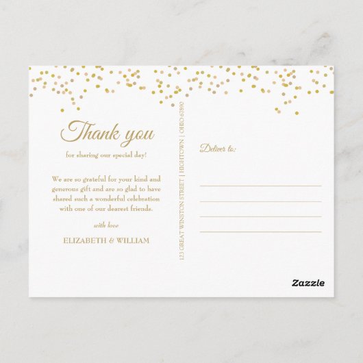 Elegante Chic Script Bedankt Goud Stof Confetti Briefkaart (Achterkant)