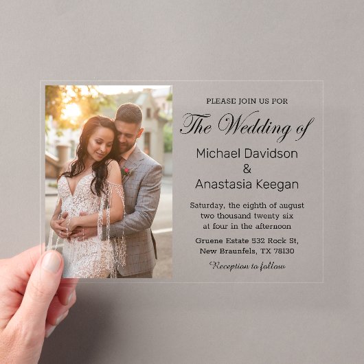 Elegante Chic Script Foto Huwelijk Transparant Acryl Uitnodigingen (Insitu (Draagbaar))