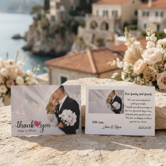 Elegante Chic Script Liefde Hart Trouwfoto Bedankkaart