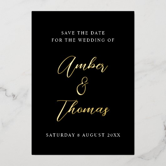 Elegante Chic Script Save the Date Zwart & Goud Folie Uitnodiging (Voorkant)