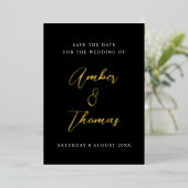 Elegante Chic Script Save the Date Zwart & Goud Folie Uitnodiging (Staand Voorkant)