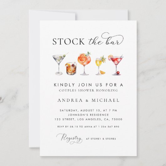 Elegante chic script Stock the Bar Koppel Bruiloft Kaart (Voorkant)